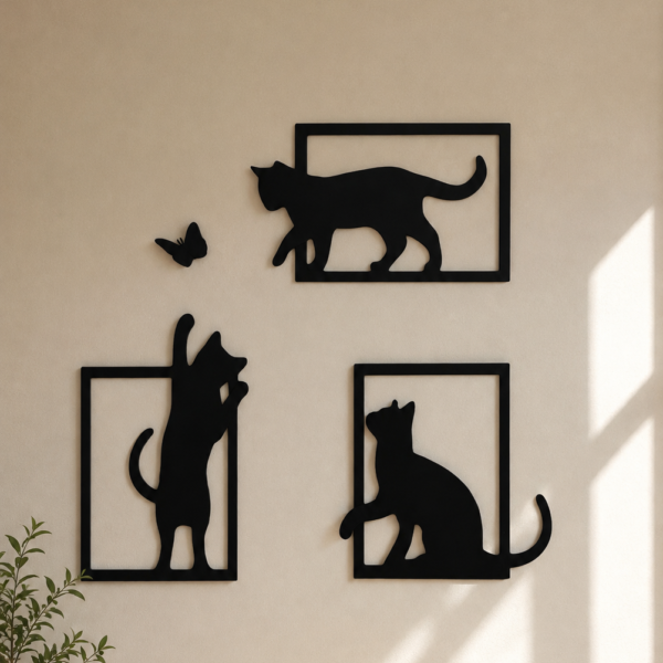 Kedi ve Kalp Figürlü Duvar Dekoru – Dekoratif Duvar Süsü Seti