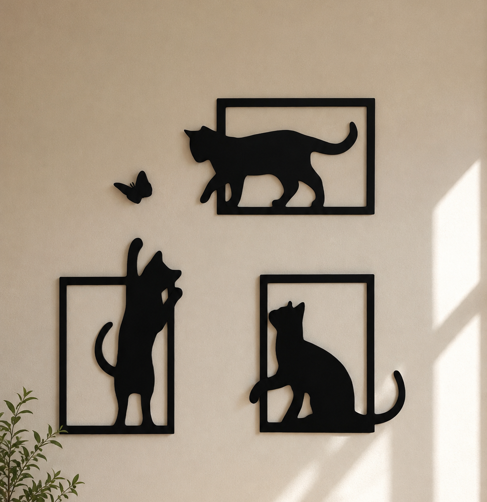 Kedi ve Kalp Figürlü Duvar Dekoru – Dekoratif Duvar Süsü Seti
