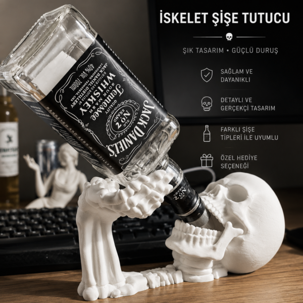 İskelet Şişe Tutucu – Dekoratif Kuru Kafa Şişe Standı