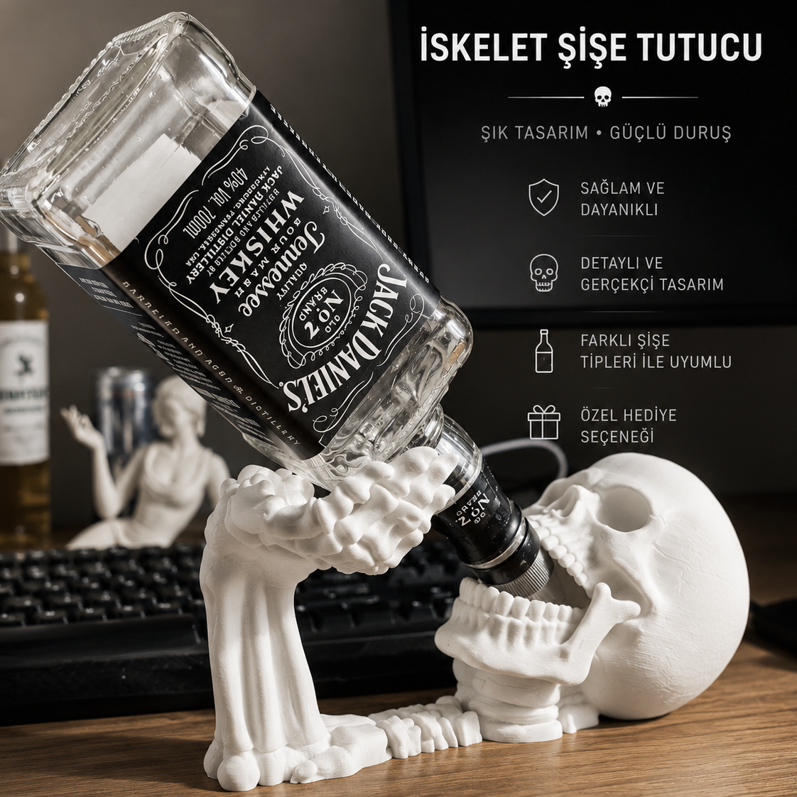İskelet Şişe Tutucu – Dekoratif Kuru Kafa Şişe Standı