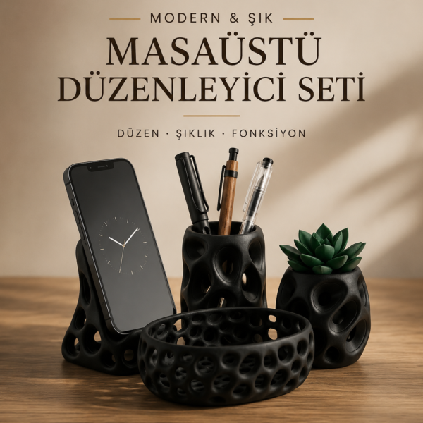 Modern Masaüstü Düzenleyici Seti – 4 Parça Telefon Standı, Kalemlik, Organizer ve Saksı