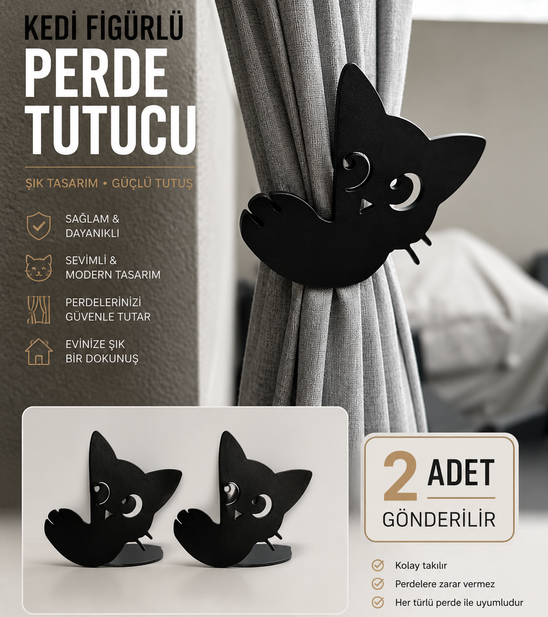 Kedi Figürlü Perde Tutucu 2 Adet | Arjomand Design