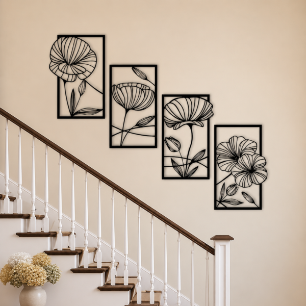 4’lü Çiçek Desenli Dekoratif Duvar Tablosu – Modern Duvar Dekoru